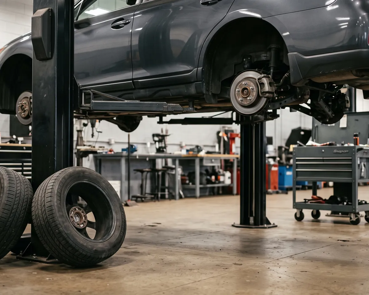 A bay in Baltimore with a vehicle on the lift and all four wheels off